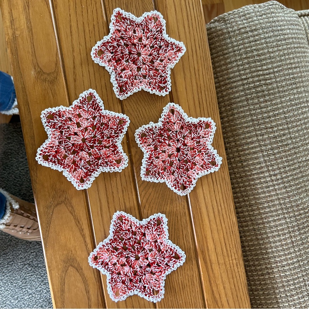 Festive Star-Shaped Crochet Coasters. Set of four. 5 inches